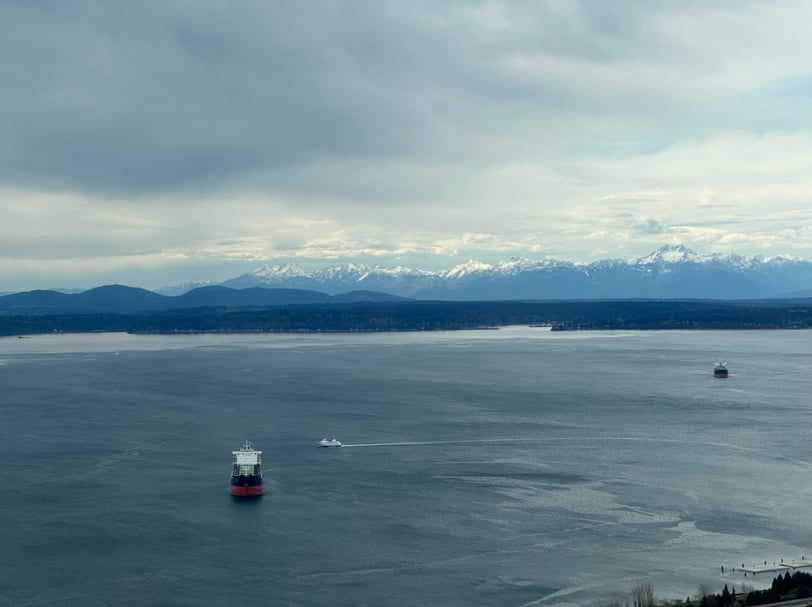 the western view from the space needle, overlooking the puget sounds and the olympic range