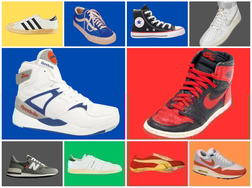 a collage of different color schemes, with of top 10 iconics sneakers