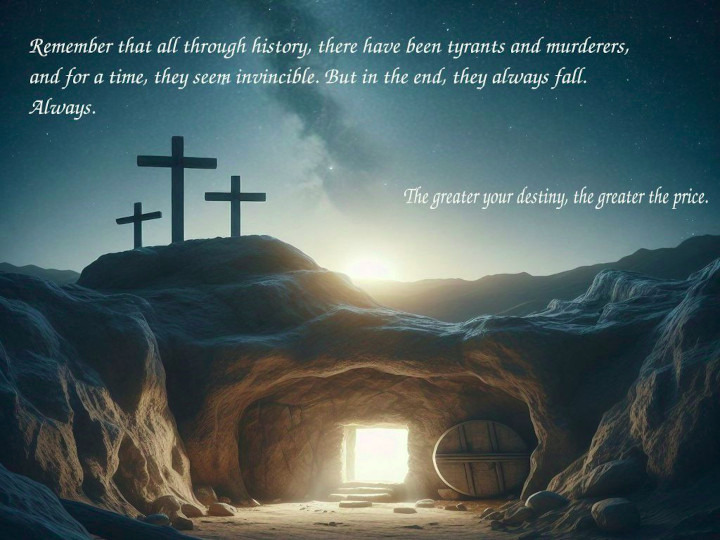 Three crosses on top of a hill on top of an empty tomb