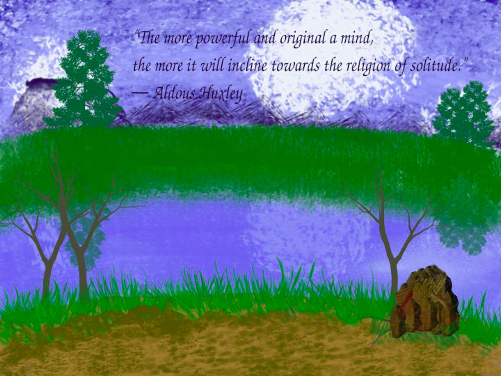 a semi abstract image of a trees and green shoreline with a quote
