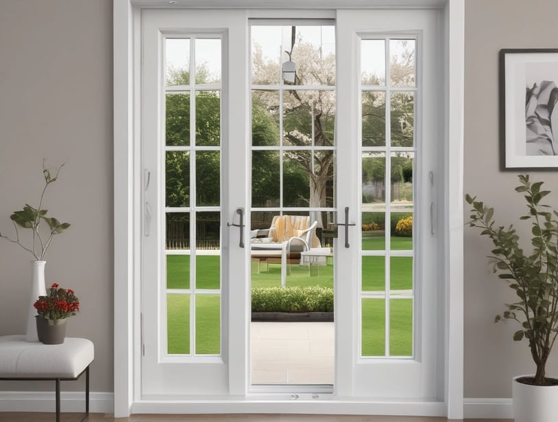 a white door with a white chair and a chair