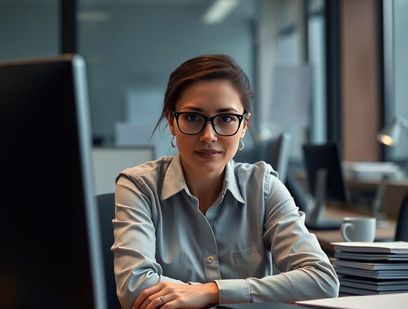 a woman sitting at a desk with a computer