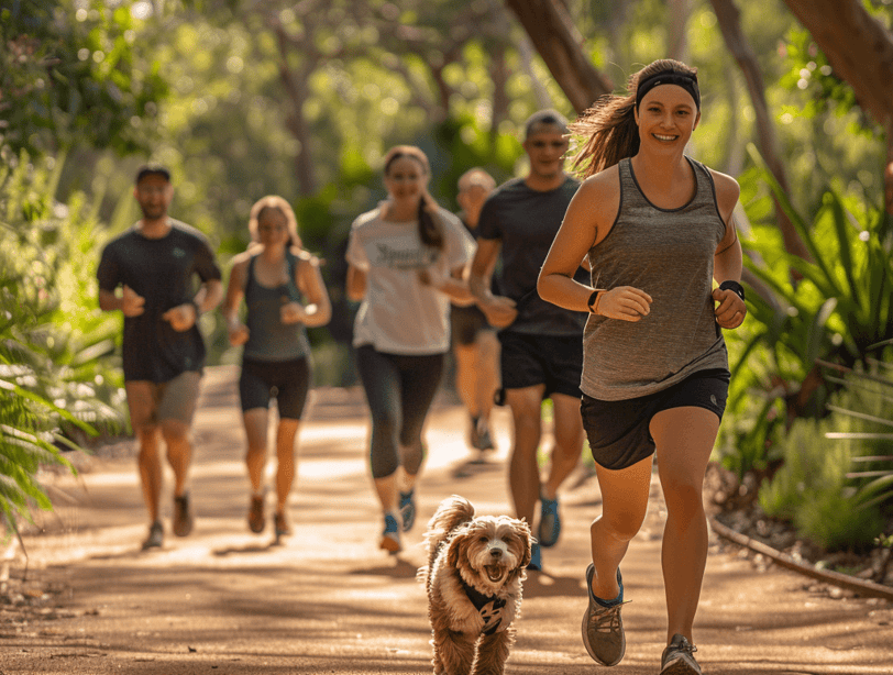 a dog is running on a path with people and a dog