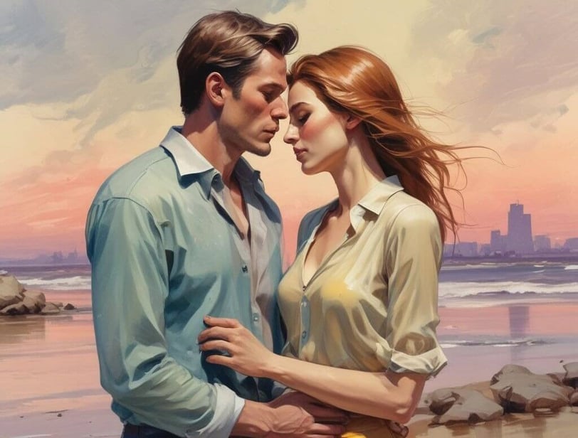  A romantic painting depicting a couple kissing on the beach, capturing the essence of love and connection by the ocean.