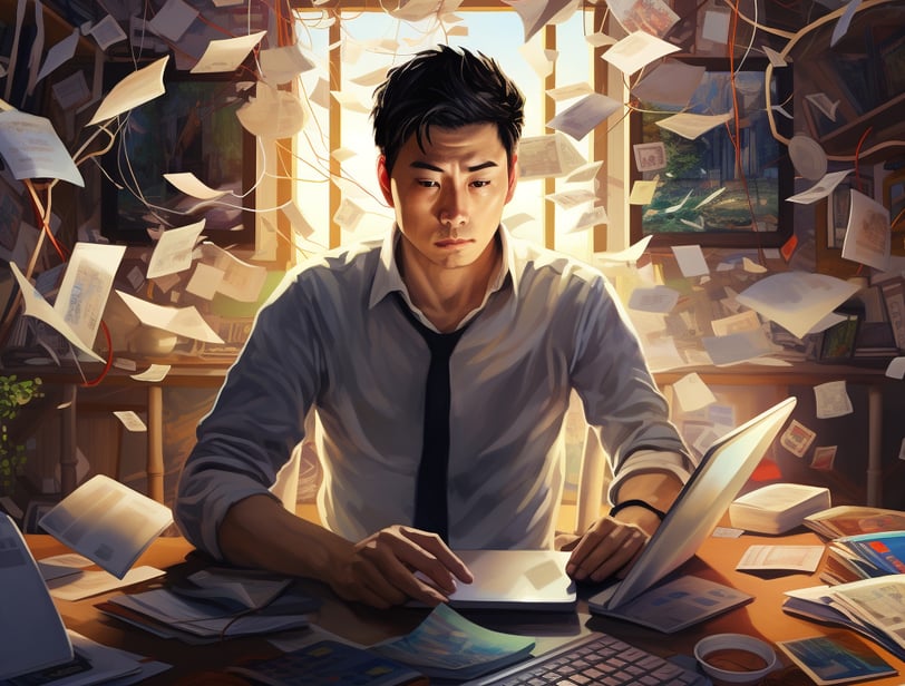 A contemplative overwhelmed business owner with asian trait, surrounded by scattered papers and multiple computer screens