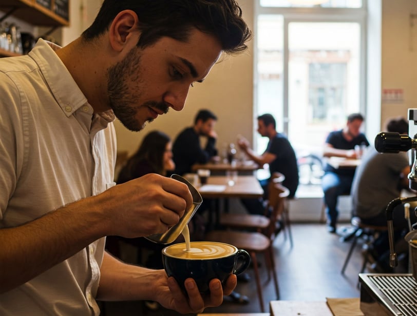 a man is holding a cup of coffee