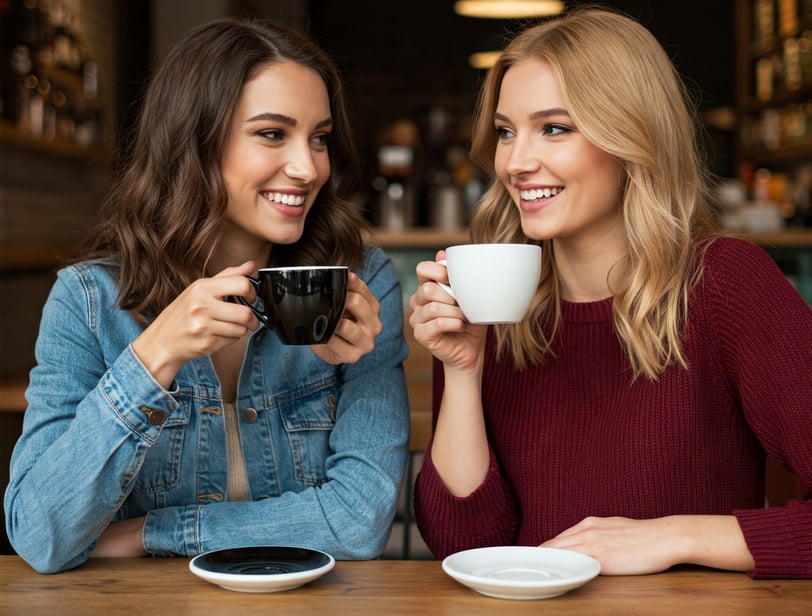 two women sitting at a table with coffee cups
