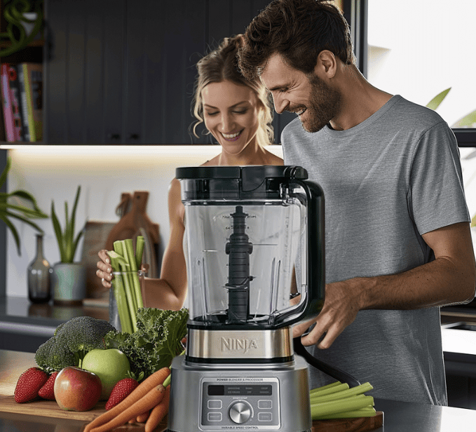 a man and woman standing in a kitchen