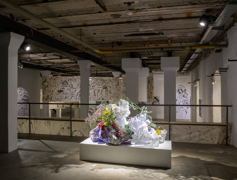 Ikebana performance-installation incorporates in Red-White-Blue colour, symbolising migration