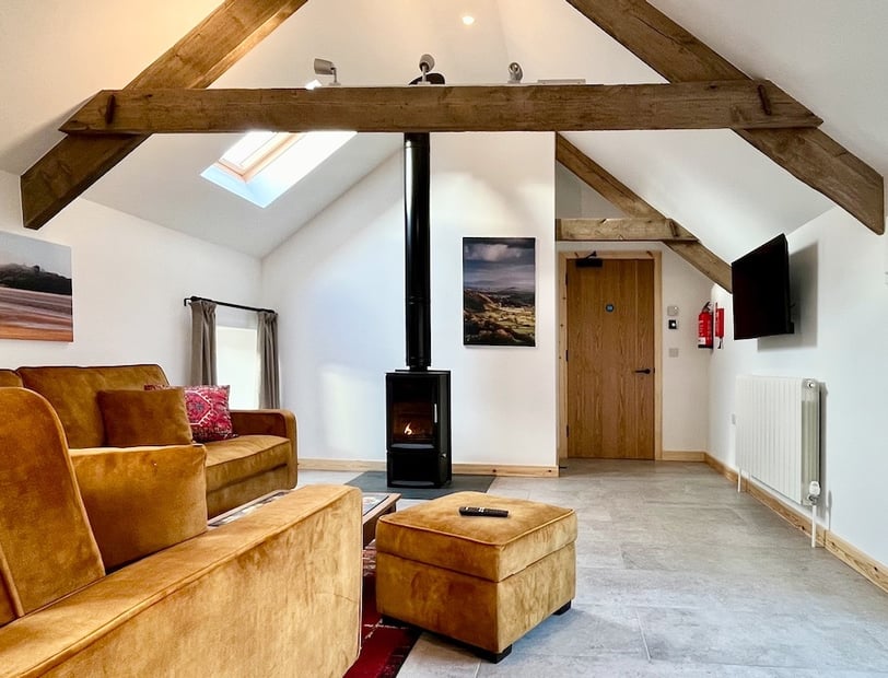 a large room with ochre coloured seating and log burning stove