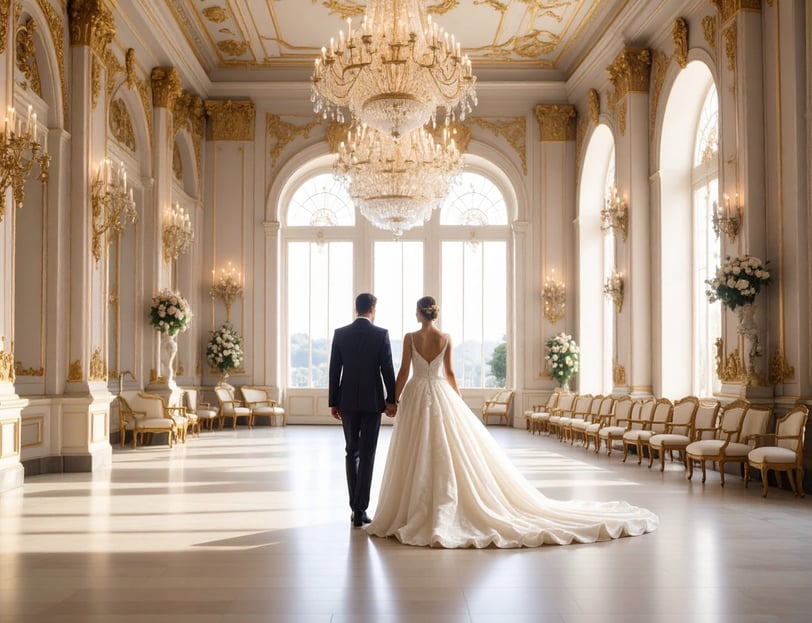 a bride and groom walking through a large room