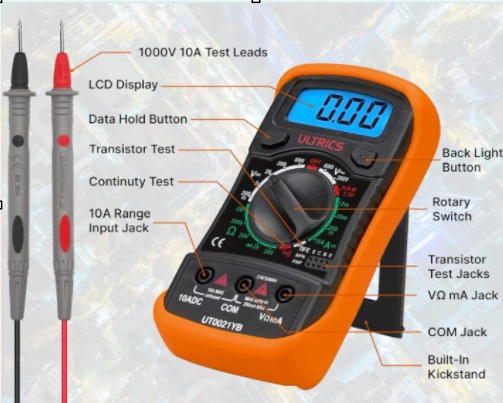 ULTRICS Digital Multimeter with test leads and backlit LCD screen