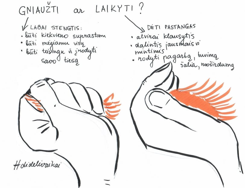 iliustracija kaip dviejose rankose laikomas ir gniaužiamas daiktas