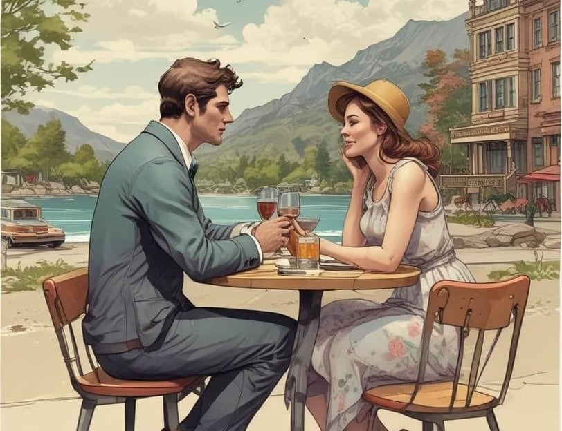 A couple on a date at a cozy table, savoring wine together in a romantic atmosphere. 