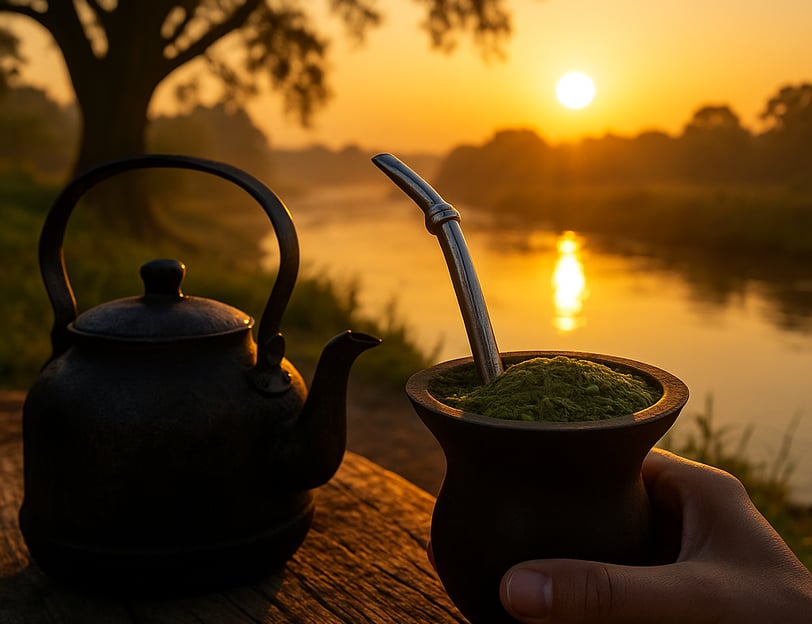 cuia de chimarrão no Sul do Brasil, paisagem de fim de tarde