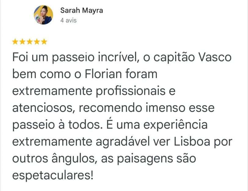 Imagem duma avaliação dum cliente que alugou o nosso Barco para um passeio marítima em Lisboa