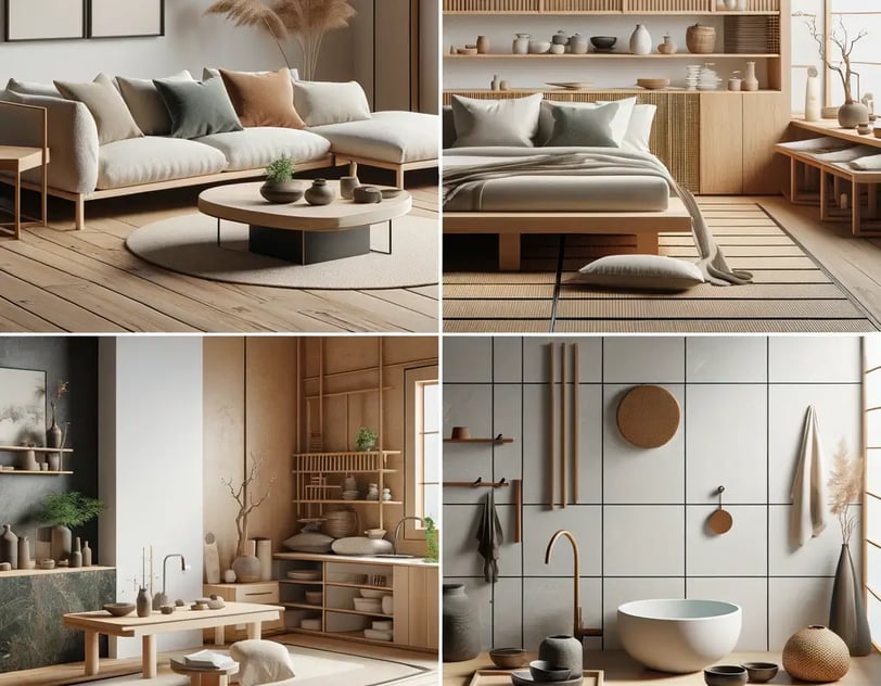collage of japandi styled rooms
