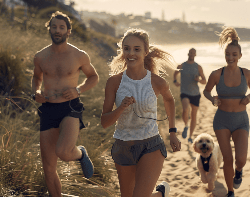 a group of people running on a beach