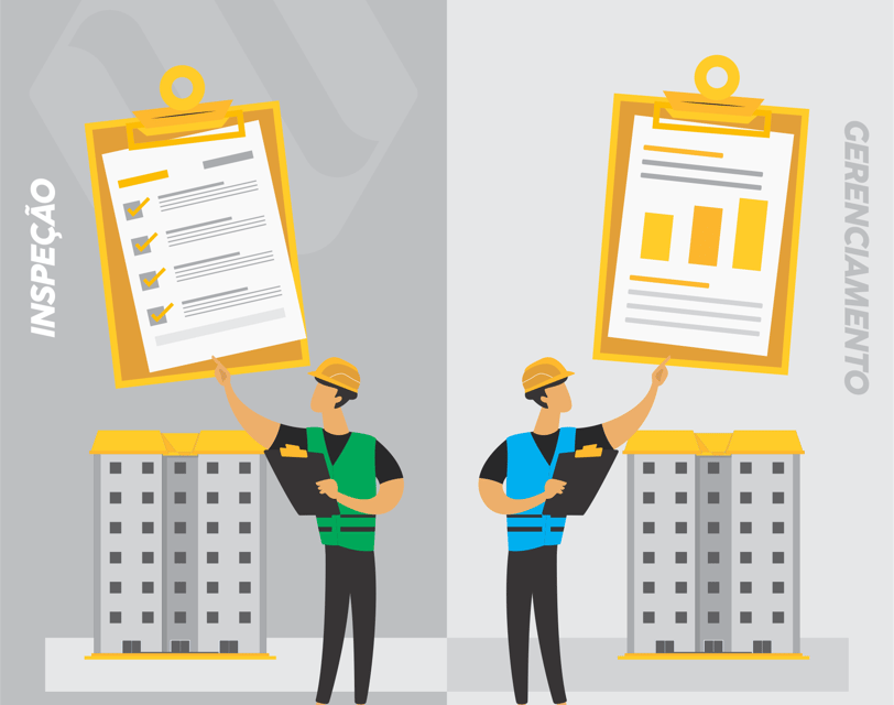Arte feita em flat design dois inspetores com prancheta um representa inspeção outro credenciamento