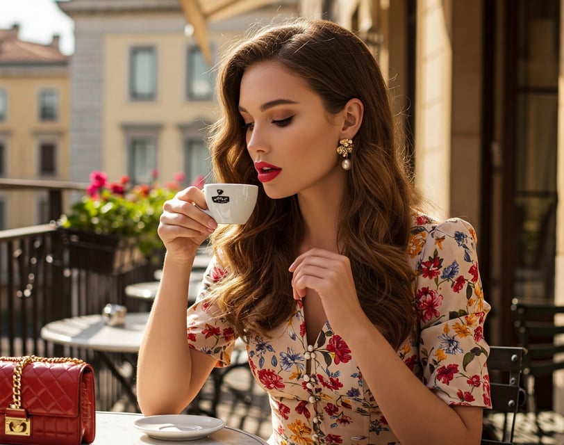 a woman in a floral dress drinking a cup of coffee