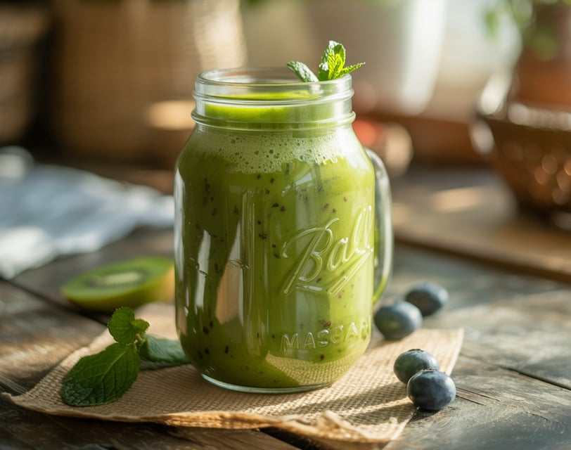 A vibrant green matcha smoothie in a mason jar garnished with fresh mint,blueberries and sliced kiwi