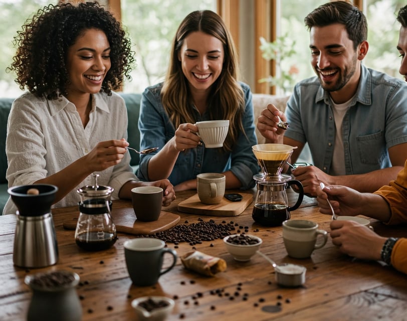 a group of people sitting around a table with coffee