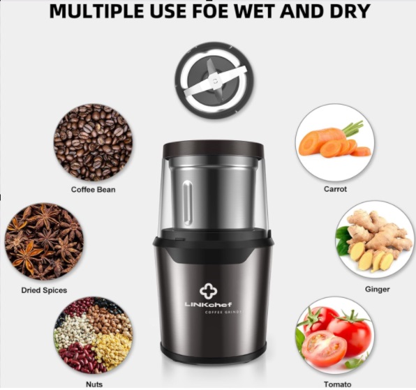 LINKchef Coffee Grinder – compact black design with stainless steel grinding bowl, perfect for coffee beans, spices, and herb