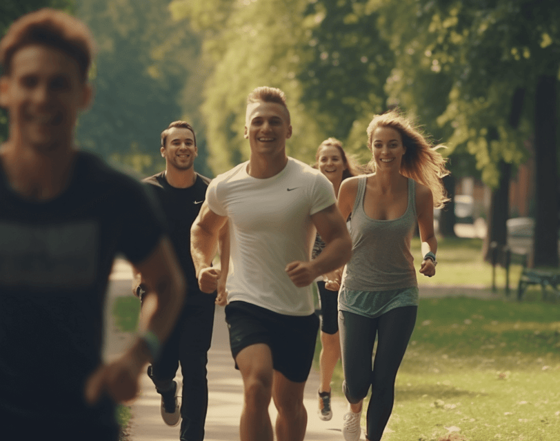 Group of men and women jogging at the park