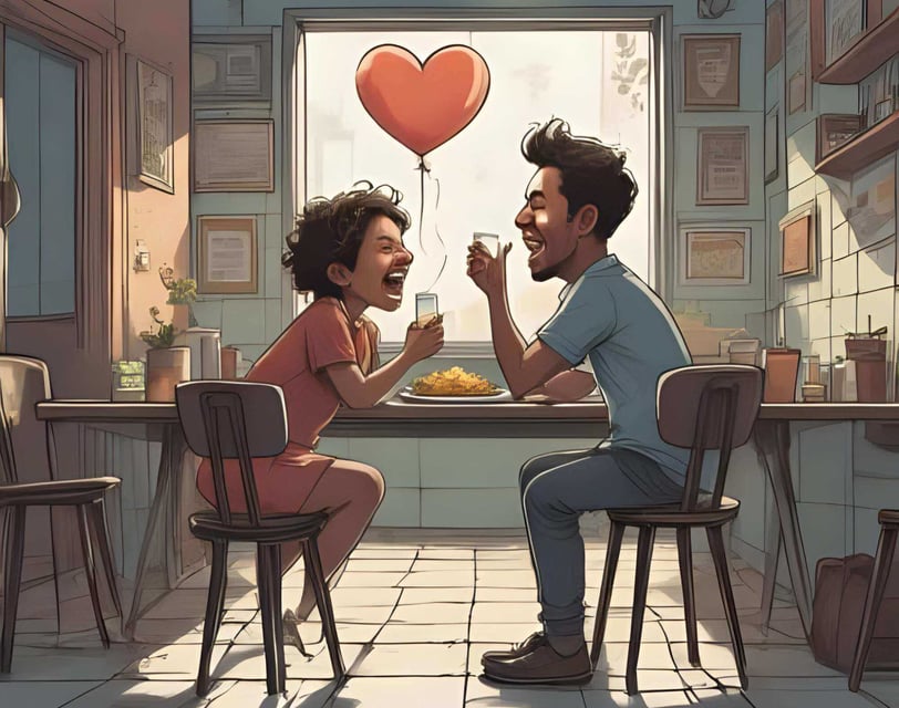 A couple sits at a table, smiling, with a heart-shaped balloon, symbolizing their new relationship after divorce.