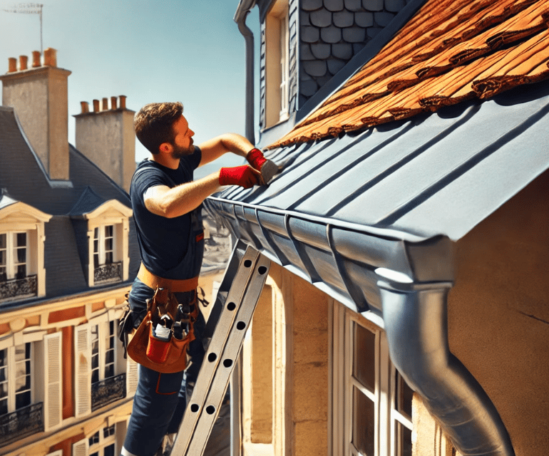 Couvreur installant des gouttières en zinc sur une maison traditionnelle française au Mans