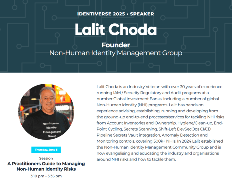 Lalit Choda gives a keynote talk on a "Practitioners Guide to Managing Non-Human Identity Risks"