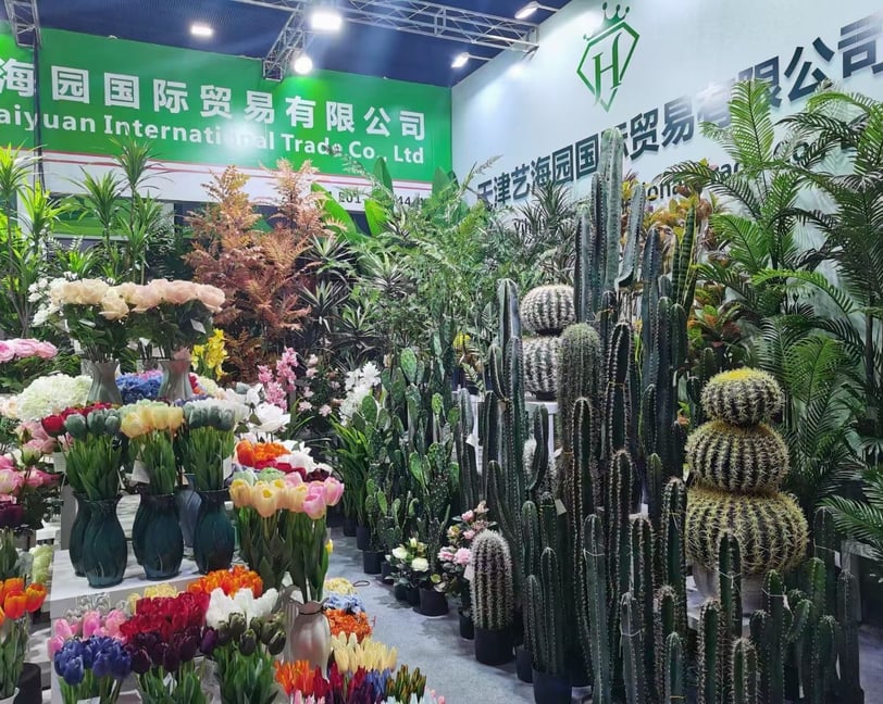 a variety of cactus plants and flowers in a room