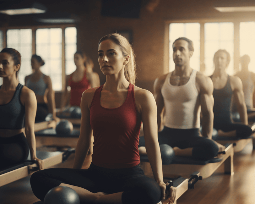 Group of men and women doing pilates