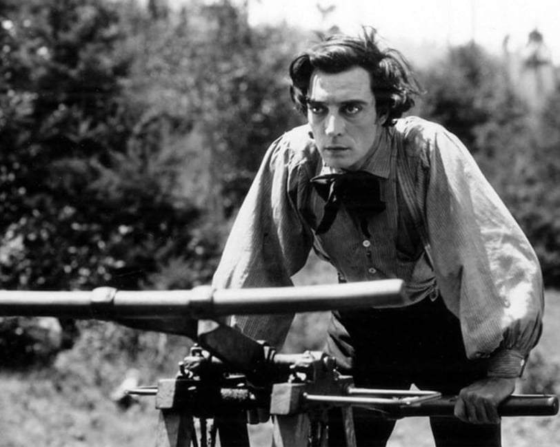 A scene of Buster Keaton  from the film "The General."