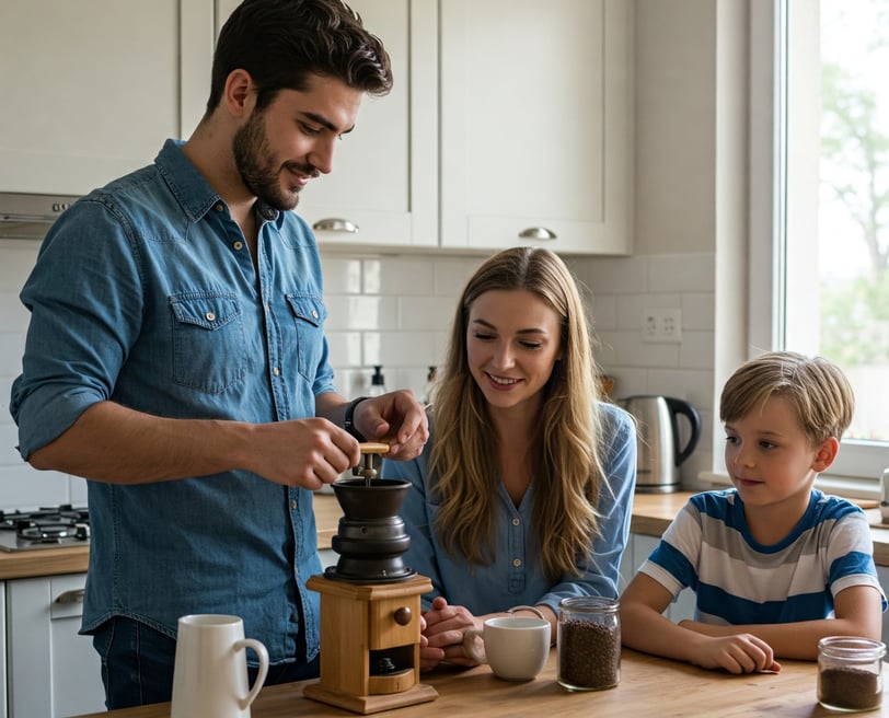 a man and woman are standing in a kitchen