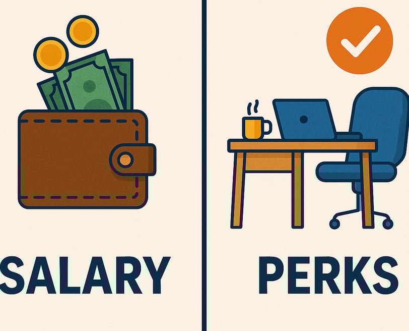 A digital illustration comparing salary and perks, highlighting compensation choices and employee benefit strategies in the 2