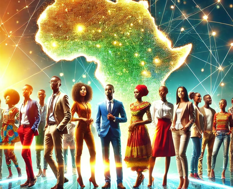 a group of young people standing in front of a map of africa