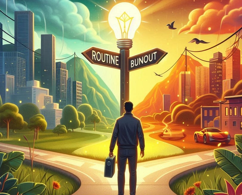 An image of a person standing at the crossroads of routine and burnout
