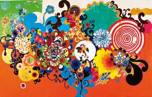 Pintura colorida de Beatriz Milhazes com formas geométricas e florais.