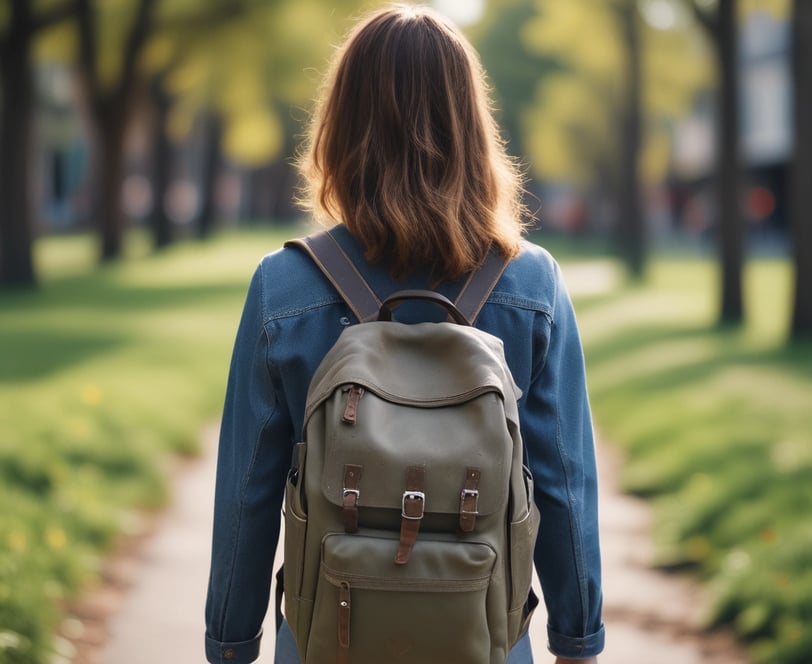 a teacher walking down a path with a backpack on a field trip