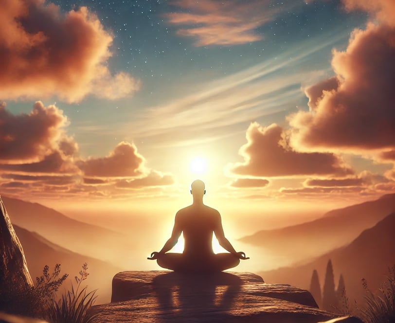 A person meditating in nature during sunrise, surrounded by a peaceful and serene environment.