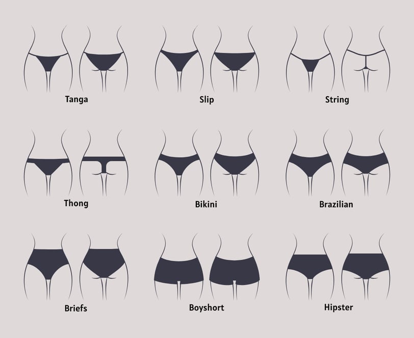 panties underwear types: tanga, slip, string, thong, bikini, brazilian, briefs, boyshort, hipster