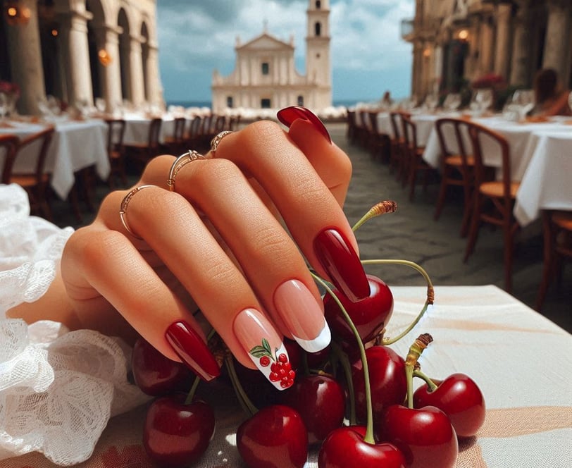Cherry Nails Inspo featuring elegant red nails, chic almond shapes, and refined French tips for a st