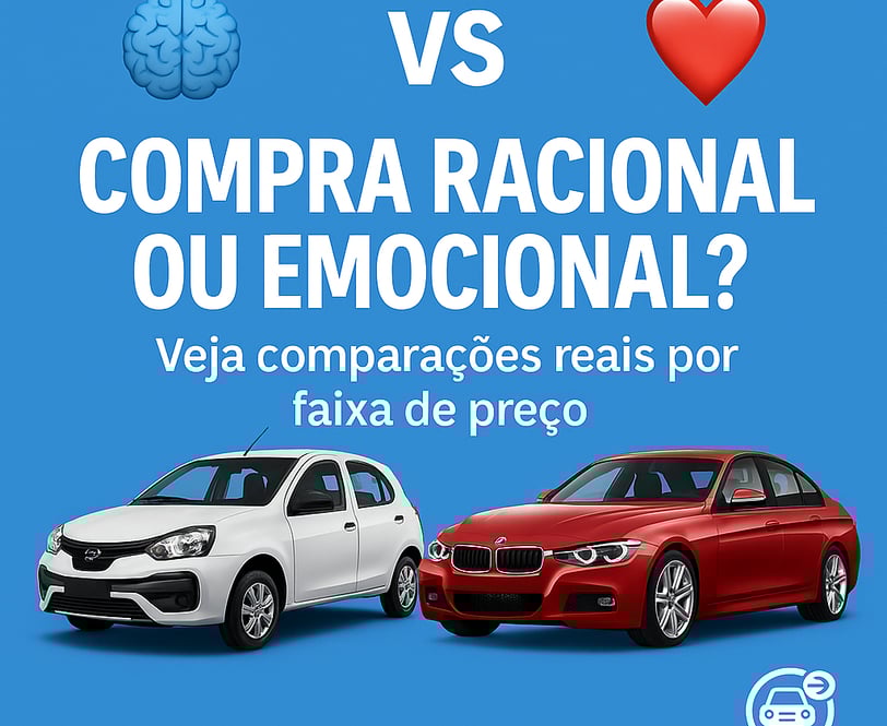 Ilustração comparando dois carros: um modelo popular e um de luxo, representando a escolha entre com