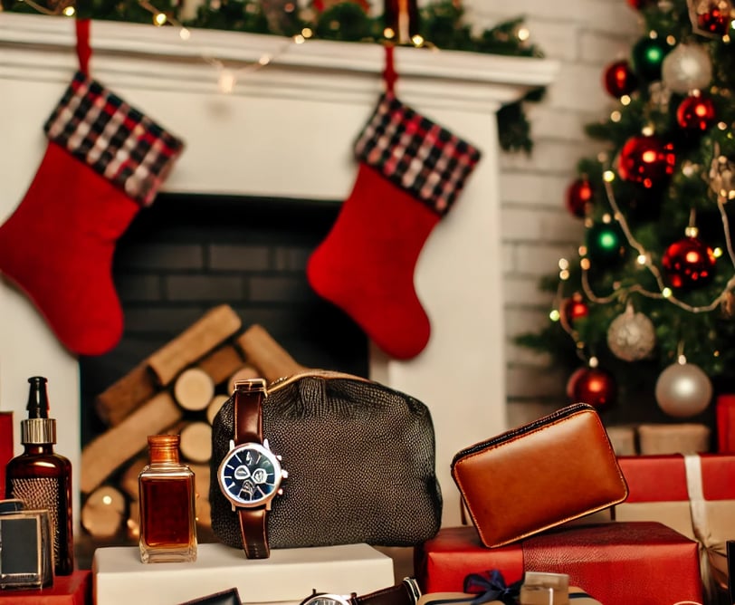 Luxury Christmas gift ideas for boyfriend, including a sleek tie set, Bluetooth speaker, and stylish