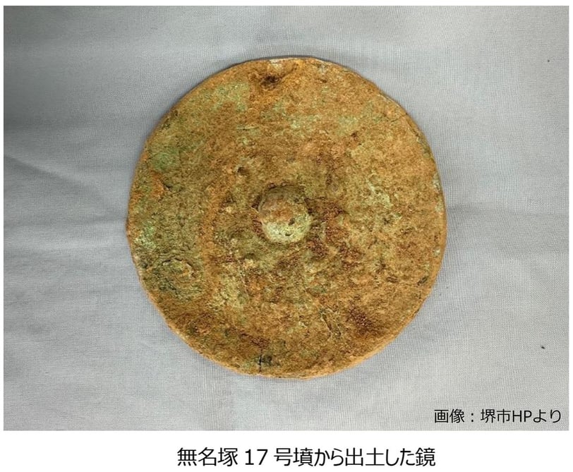 古墳時代の遺跡、無名塚17号墳から出土した青銅製の鏡。発掘直後の状態で、表面に土や緑青が付着している様子。