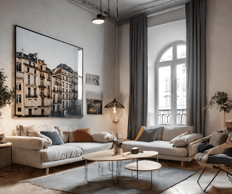 Un salon avec canapé beige, décoration épurée beige, chic et moderne