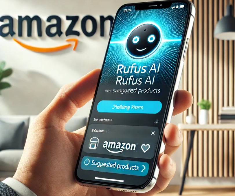 smartphone screen prominently displaying the Amazon Shopping app with the Rufus AI assistant interfa