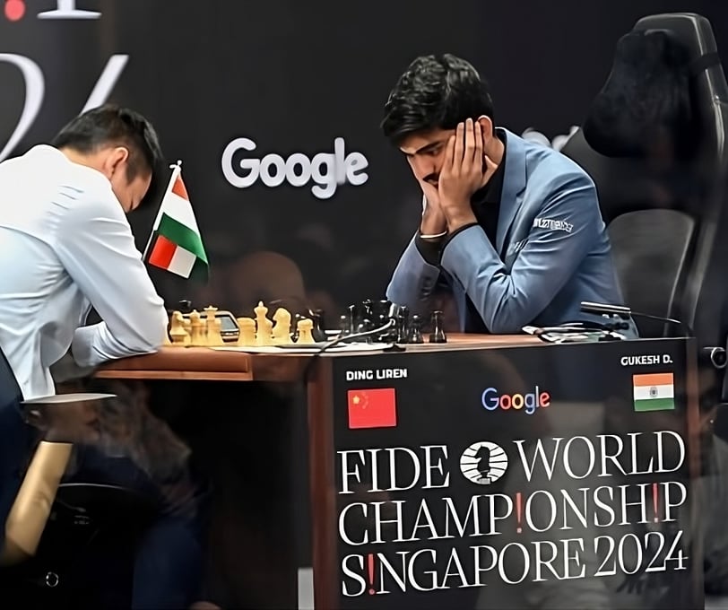 two men playing chess in a conference room