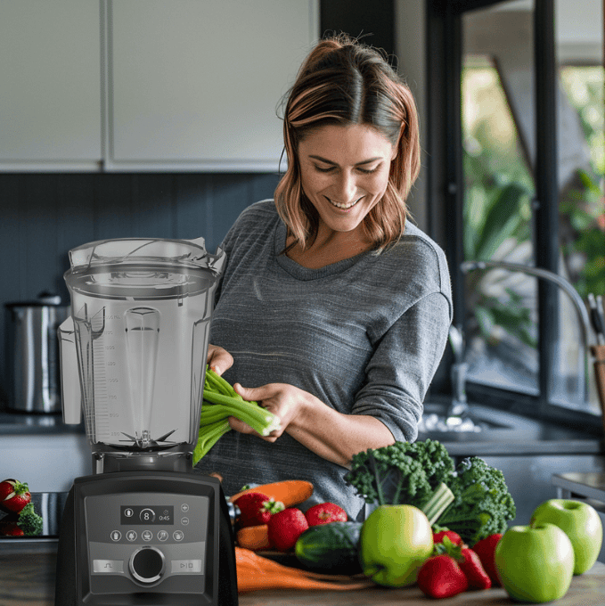 a woman is smiling while she is preparing to make a smoothie